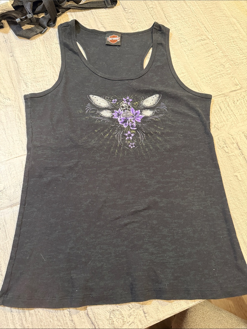Harley-Davidson Black Racerback Tank with Purple Floral Wing Graphic